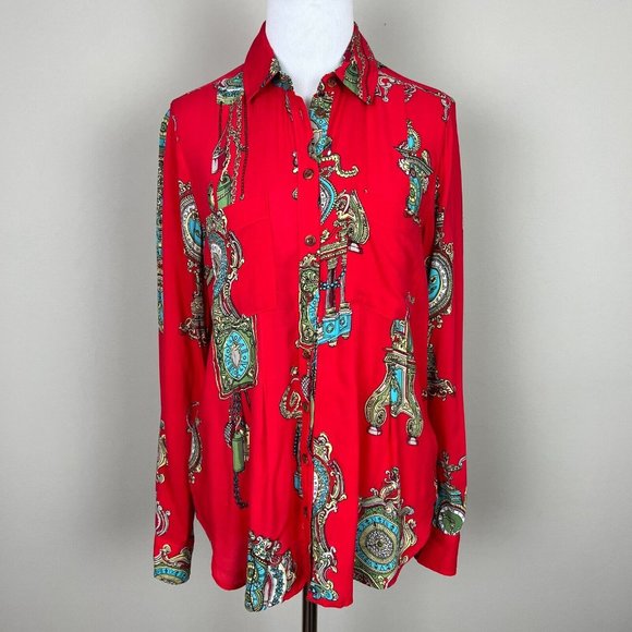 Maeve Anthropologie Shirt Women 4 Red Clock Long Sleeve Whimsy‎ Button Down Top - Picture 12 of 12